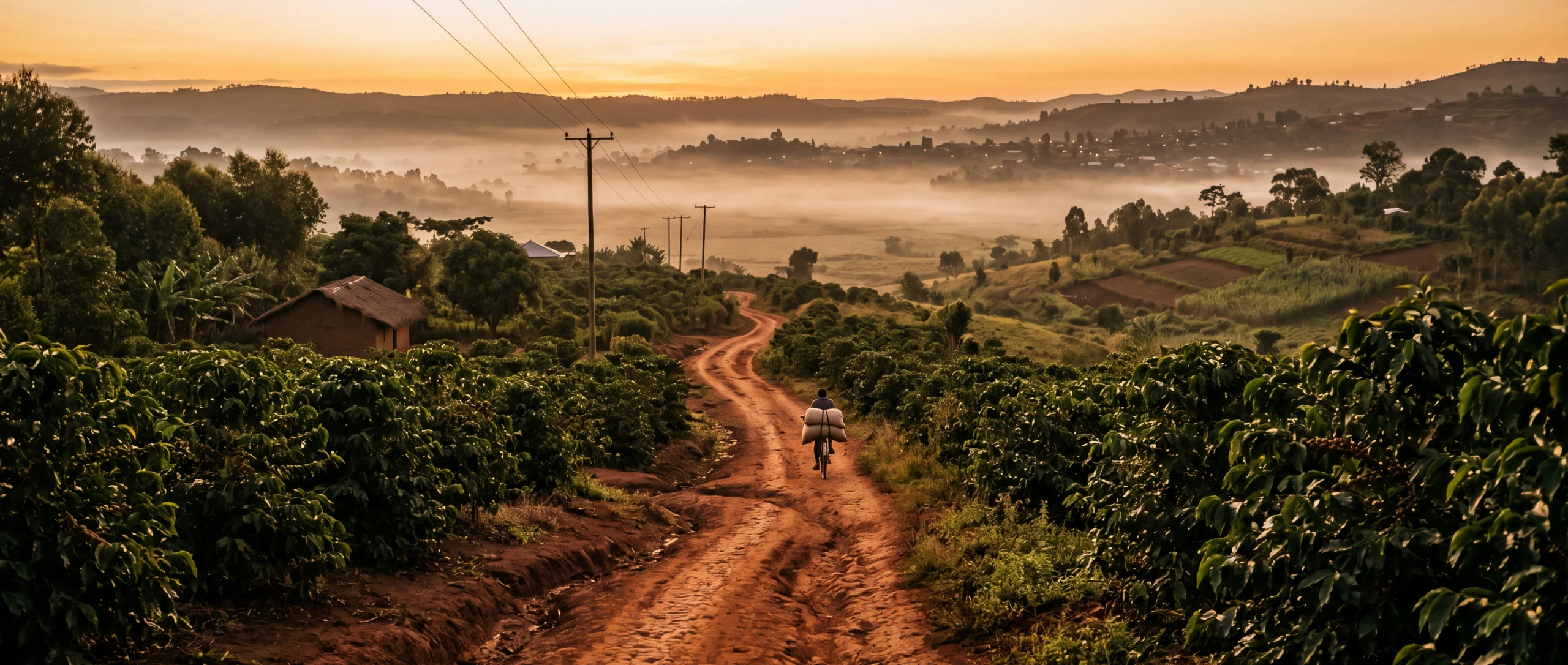 A red-earth farm road running through coffee smallholdings toward a small town at dawn, a lone cyclist carrying sacks