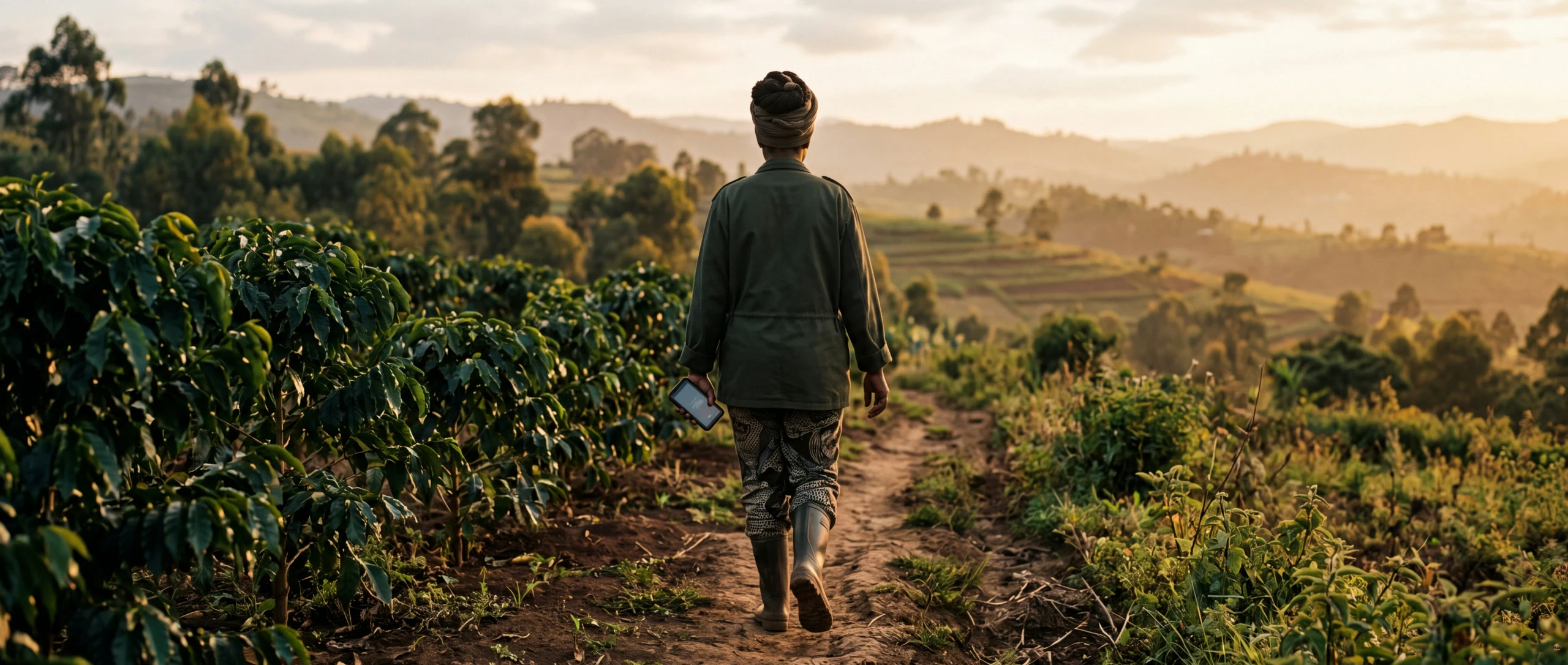 A field officer walking a coffee plot boundary at golden hour, phone in hand