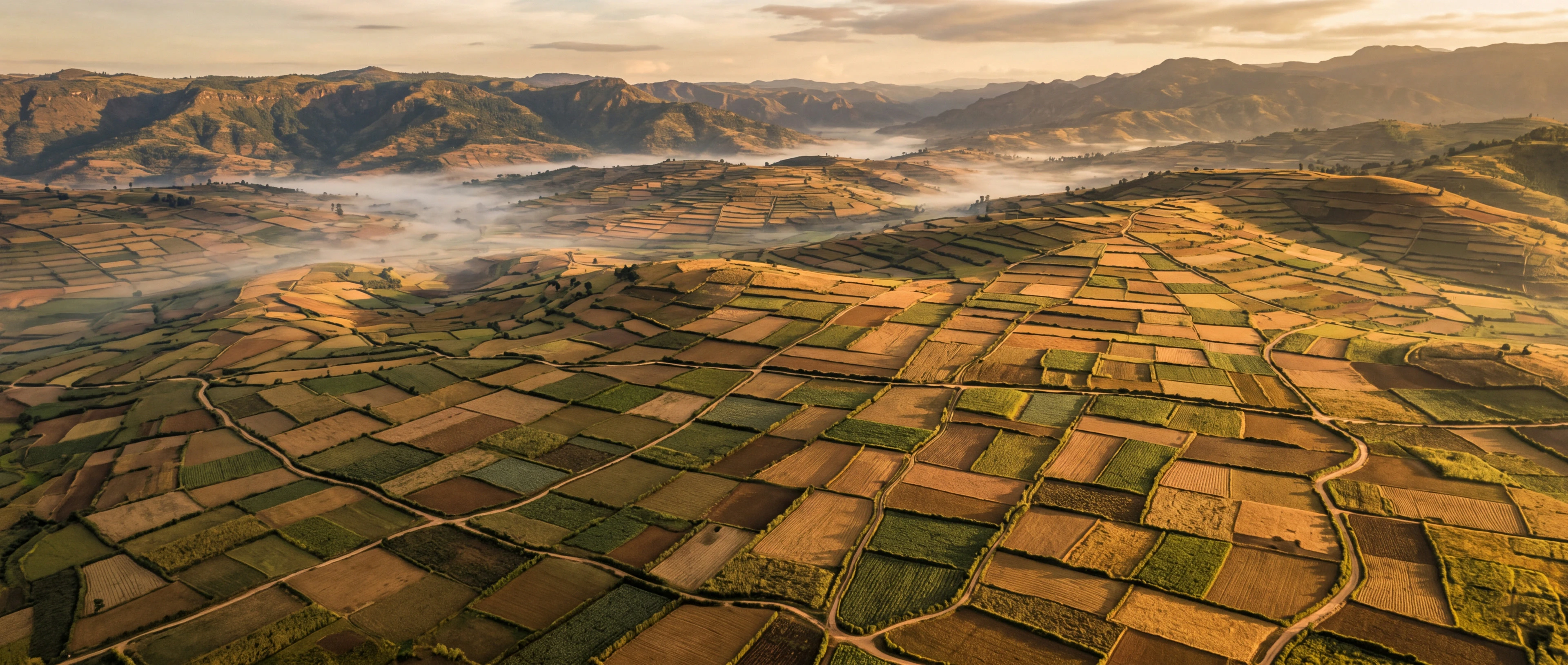 Aerial view of smallholder farm parcels in the Tanzanian highlands at dawn, a patchwork of olive and amber plots