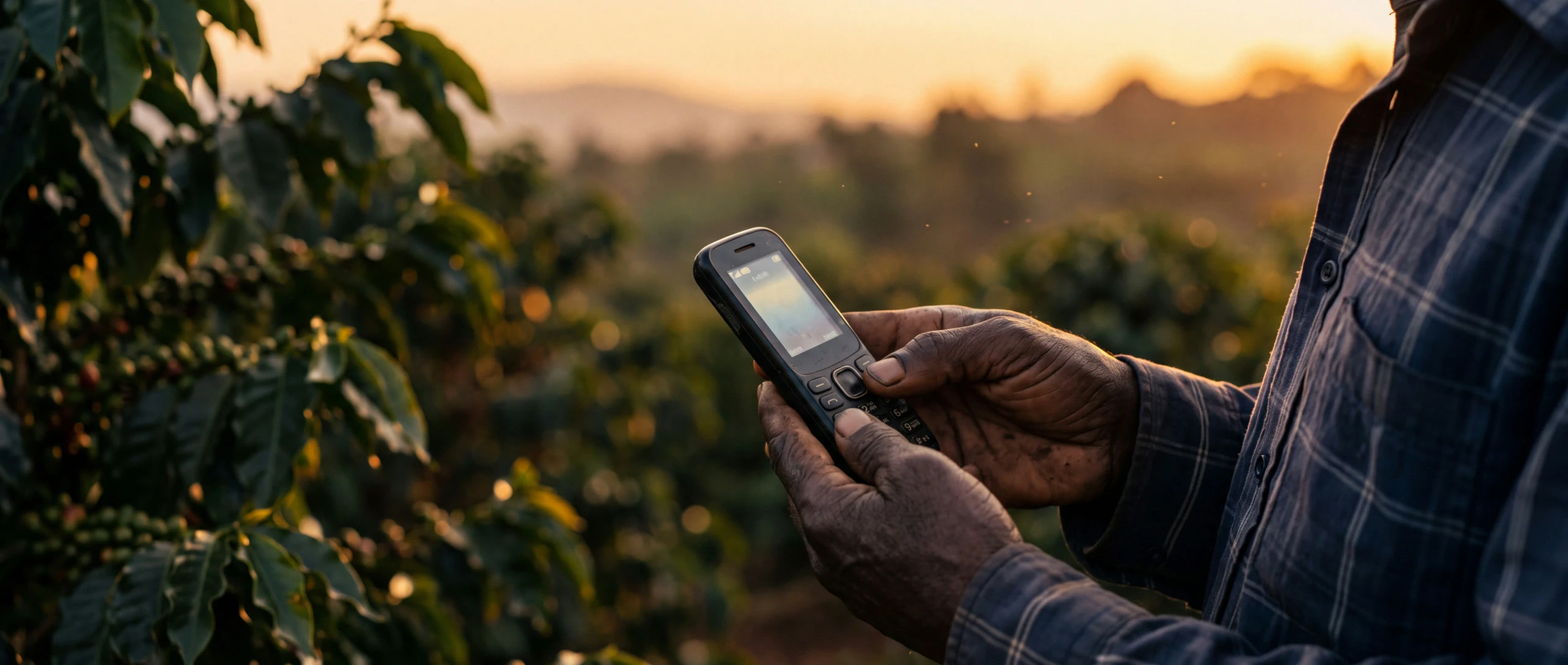 A farmer's hands holding a basic feature phone at the edge of a coffee field at dusk